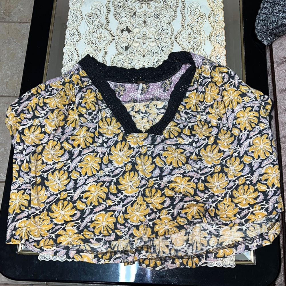 Free People black and yellow floral v-neck top with crochet collar